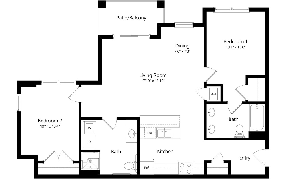 B3 - 2 bedroom floorplan layout with 2 bathrooms and 1021 square feet